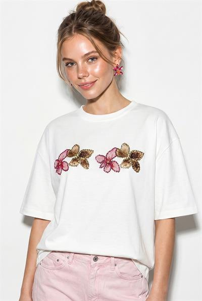 Kadın Bisiklet Yaka Taş Baskı Detaylı Oversize Pamuklu T-Shirt ÖT100013 60286272 - Beyaz-Pembe