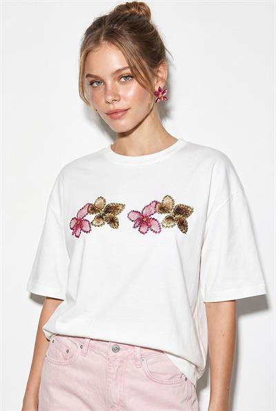 Kadın Bisiklet Yaka Taş Baskı Detaylı Oversize Pamuklu T-Shirt ÖT100013 60286272 - Beyaz-Pembe