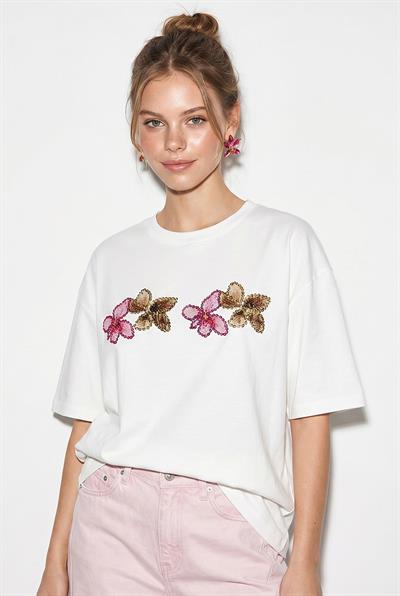 Kadın Bisiklet Yaka Taş Baskı Detaylı Oversize Pamuklu T-Shirt ÖT100013 60286272 - Beyaz-Pembe