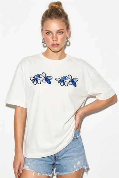 Kadın Bisiklet Yaka Taş Baskı Detaylı Oversize Pamuklu T-Shirt ÖT100013 60286272 - Beyaz-Mavi