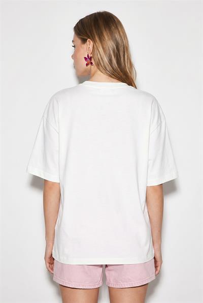 Kadın Bisiklet Yaka Taş Baskı Detaylı Oversize Pamuklu T-Shirt ÖT100013 60286272 - Beyaz-Pembe