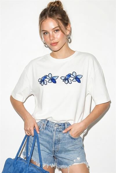 Kadın Bisiklet Yaka Taş Baskı Detaylı Oversize Pamuklu T-Shirt ÖT100013 60286272 - Beyaz-Mavi