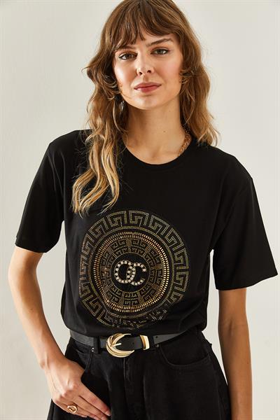 Kadın Bisiklet Yaka Taş Detaylı Basic Penye T-Shirt 60251238 - Siyah