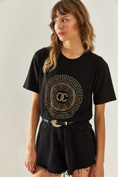 Kadın Bisiklet Yaka Taş Detaylı Basic Penye T-Shirt 60251238 - Siyah