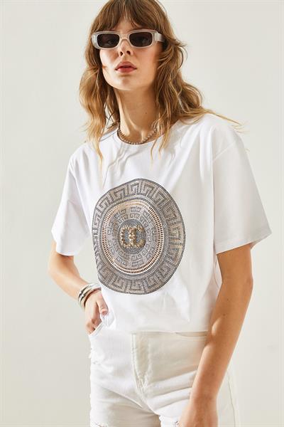 Kadın Bisiklet Yaka Taş Detaylı Basic Penye T-Shirt 60251238 - Beyaz