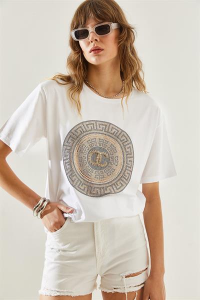 Kadın Bisiklet Yaka Taş Detaylı Basic Penye T-Shirt 60251238 - Beyaz