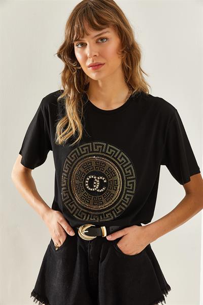 Kadın Bisiklet Yaka Taş Detaylı Basic Penye T-Shirt 60251238 - Siyah