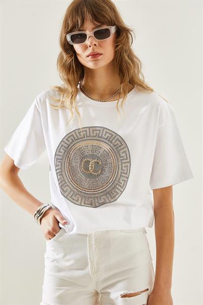 Kadın Bisiklet Yaka Taş Detaylı Basic Penye T-Shirt 60251238 - Beyaz
