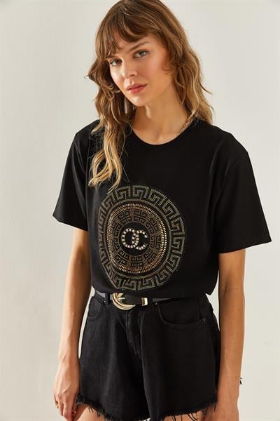 Kadın Bisiklet Yaka Taş Detaylı Basic Penye T-Shirt 60251238 - Siyah