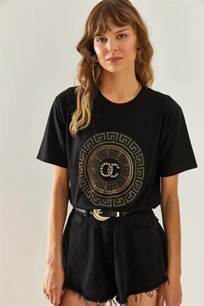 Kadın Bisiklet Yaka Taş Detaylı Basic Penye T-Shirt 60251238 - Siyah