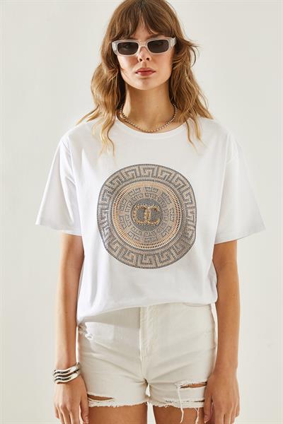 Kadın Bisiklet Yaka Taş Detaylı Basic Penye T-Shirt 60251238 - Beyaz