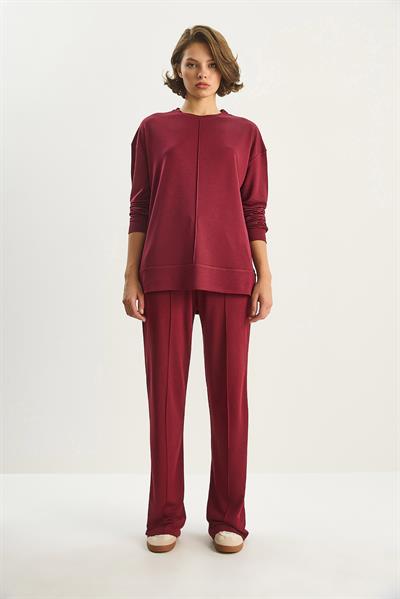 Kadın Bisiklet Yaka Uzun Kollu Üst Nervürlü Beli Lastikli Bol Pantolon Modal Takım 9401 60283624 - Bordo