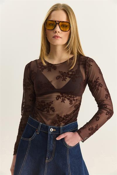 Kadın Bisiklet Yaka Yanları Büzgülü Desenli Transparan Tül Bluz 6114 60283926 - Kahverengi
