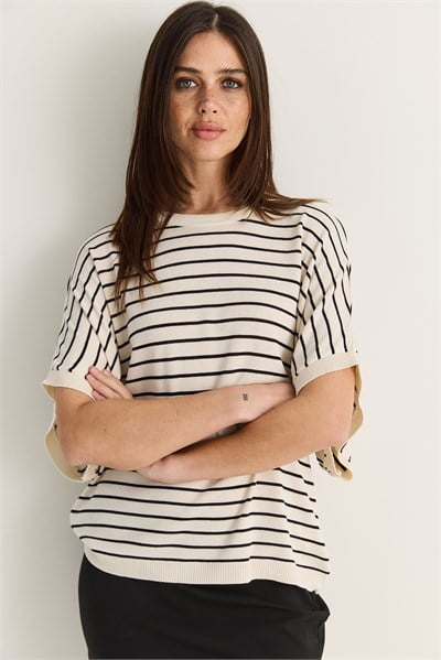 Kadın Bisiklet Yaka Yarasa Kol Çizgili Oversize Merserize Triko Bluz TK261118 60286517 - Krem-Siyah