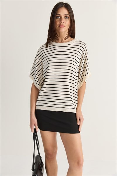 Kadın Bisiklet Yaka Yarasa Kol Çizgili Oversize Merserize Triko Bluz TK261118 60286517 - Krem-Siyah