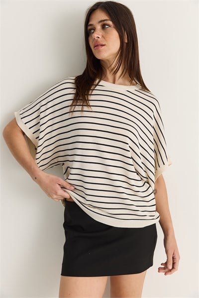 Kadın Bisiklet Yaka Yarasa Kol Çizgili Oversize Merserize Triko Bluz TK261118 60286517 - Krem-Siyah
