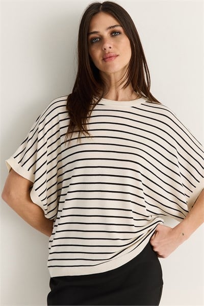 Kadın Bisiklet Yaka Yarasa Kol Çizgili Oversize Merserize Triko Bluz TK261118 60286517 - Krem-Siyah