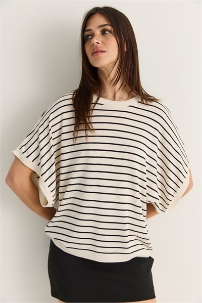 Kadın Bisiklet Yaka Yarasa Kol Çizgili Oversize Merserize Triko Bluz TK261118 60286517 - Krem-Siyah