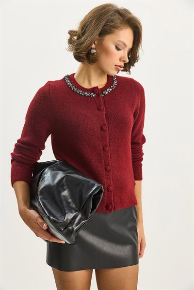 Kadın Bisiklet Yaka Zarif Taş İşlemeli Düğmeli Triko Hırka 4890 60283584 - Bordo
