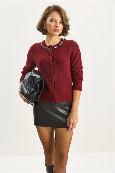 Kadın Bisiklet Yaka Zarif Taş İşlemeli Düğmeli Triko Hırka 4890 60283584 - Bordo