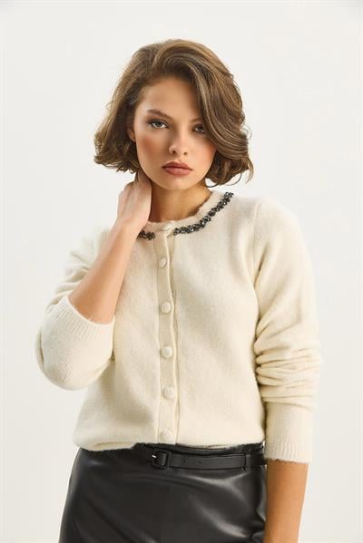 Kadın Bisiklet Yaka Zarif Taş İşlemeli Düğmeli Triko Hırka 4890 60283584 - Krem