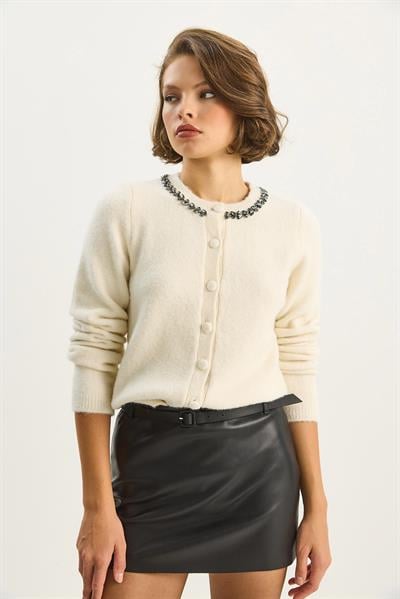 Kadın Bisiklet Yaka Zarif Taş İşlemeli Düğmeli Triko Hırka 4890 60283584 - Krem