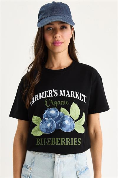 Kadın Blueberries Baskılı Bisiklet Yaka %100 Pamuklu T-Shirt 6702 60283451 - Siyah