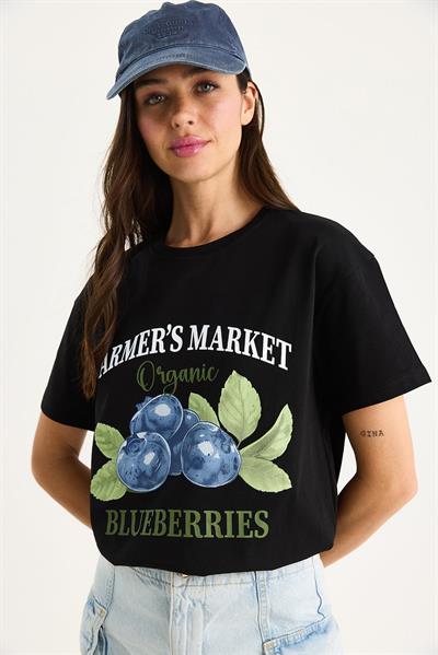 Kadın Blueberries Baskılı Bisiklet Yaka %100 Pamuklu T-Shirt 6702 60283451 - Siyah