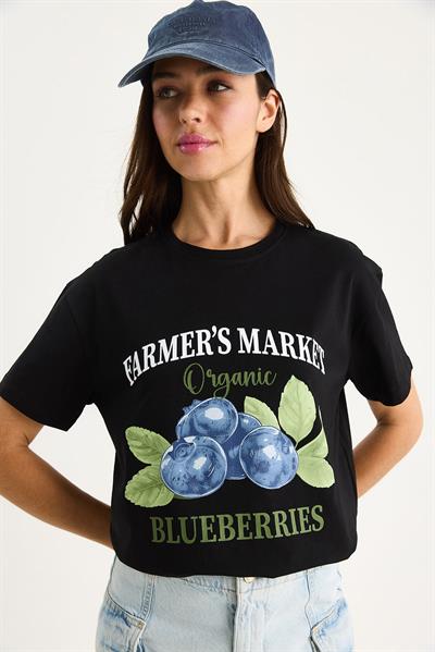 Kadın Blueberries Baskılı Bisiklet Yaka %100 Pamuklu T-Shirt 6702 60283451 - Siyah