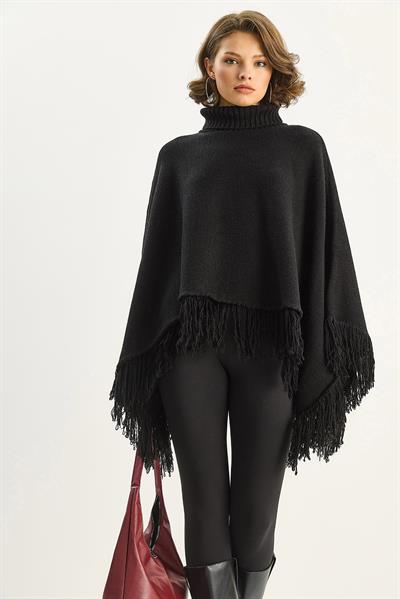 Kadın Boğazlı Püsküllü Triko Panço TP251007 60283722 - Siyah