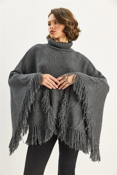 Kadın Boğazlı Püsküllü Triko Panço TP251007 60283722 - Antrasit