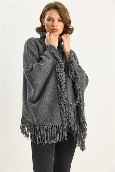 Kadın Boğazlı Püsküllü Triko Panço TP251007 60283722 - Antrasit