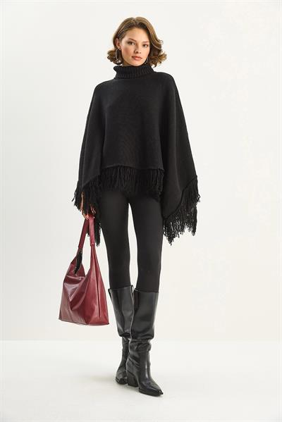 Kadın Boğazlı Püsküllü Triko Panço TP251007 60283722 - Siyah
