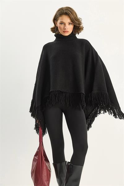 Kadın Boğazlı Püsküllü Triko Panço TP251007 60283722 - Siyah