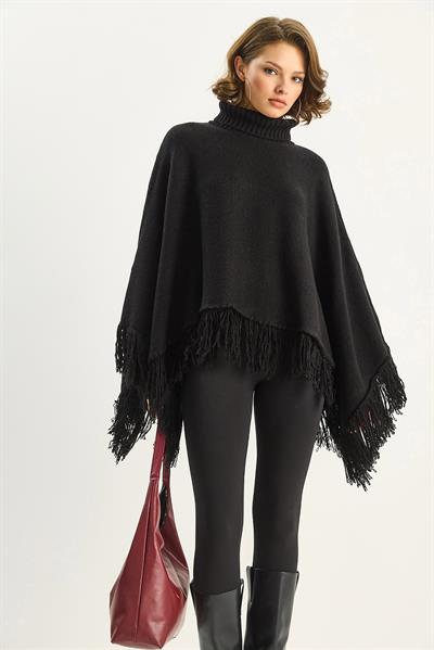 Kadın Boğazlı Püsküllü Triko Panço TP251007 60283722 - Siyah