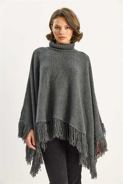 Kadın Boğazlı Püsküllü Triko Panço TP251007 60283722 - Antrasit