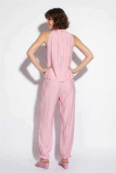 Kadın Boncuk Detaylı Halter Yaka Bluz Beli Lastikli Şalvar Pantolon Takım 1088 60286400 - Pembe