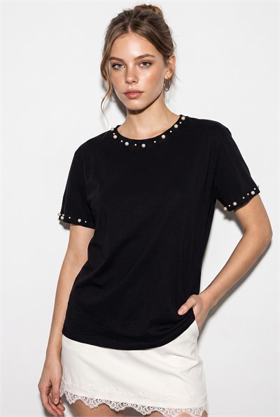 Kadın Boncuk İşlemeli %100 Pamuklu T-Shirt 60382631 - Siyah