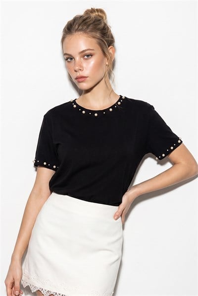 Kadın Boncuk İşlemeli %100 Pamuklu T-Shirt 60382631 - Siyah