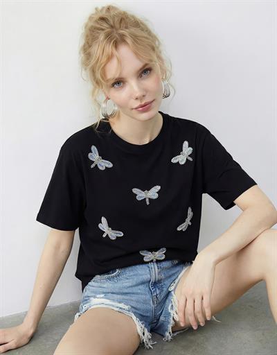 Kadın Boncuk Taş İşlemeli Yusufçuk Desenli Rahat Kalıp T-Shirt 2212 60283971 - Siyah