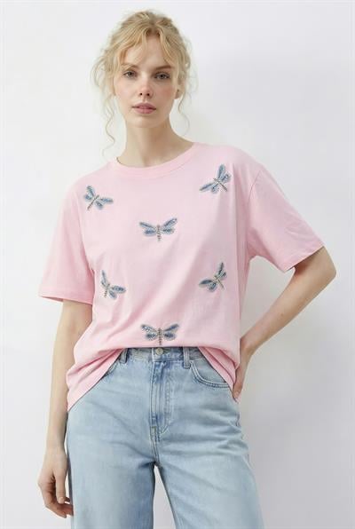 Kadın Boncuk Taş İşlemeli Yusufçuk Desenli Rahat Kalıp T-Shirt 2212 60283971 - Şeker Pembe