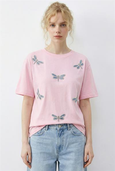 Kadın Boncuk Taş İşlemeli Yusufçuk Desenli Rahat Kalıp T-Shirt 2212 60283971 - Şeker Pembe