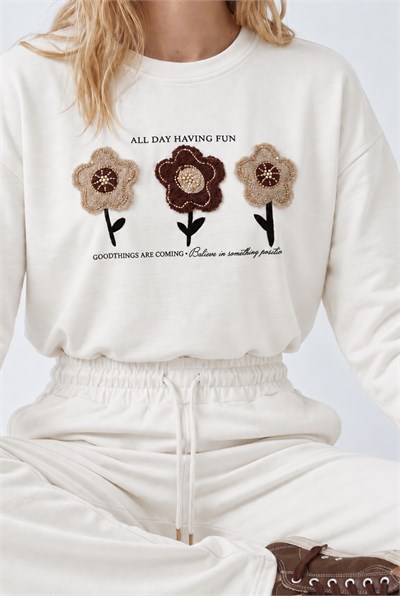 Kadın Boncuk ve Pul İşlemeli Çiçek Aplikeli Oversize Sweat Bol Pantolon Pamuk Modal Takım 2265 60286491 - Ekru