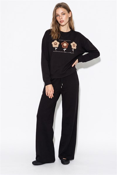 Kadın Boncuk ve Pul İşlemeli Çiçek Aplikeli Oversize Sweat Bol Pantolon Pamuk Modal Takım 2265 60286491 - Siyah