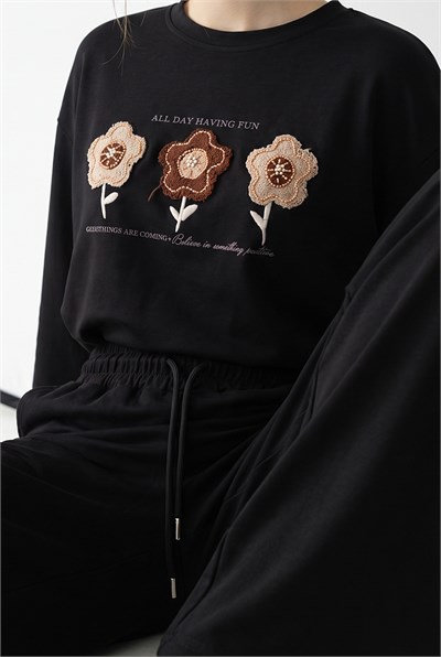 Kadın Boncuk ve Pul İşlemeli Çiçek Aplikeli Oversize Sweat Bol Pantolon Pamuk Modal Takım 2265 60286491 - Siyah