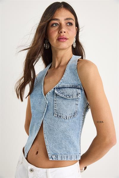 Kadın Boyundan Askılı Dekolte Detaylı Denim Bluz 3433 60283271 - Buz Mavisi