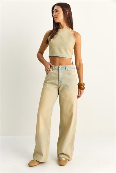Kadın Boyundan Bağlamalı Crop Top Wide Leg Pantolon Denim Alt-Üst Takım 26089 60286151 - Buğday