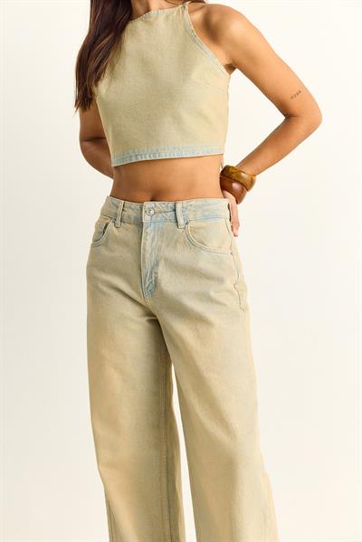 Kadın Boyundan Bağlamalı Crop Top Wide Leg Pantolon Denim Alt-Üst Takım 26089 60286151 - Buğday