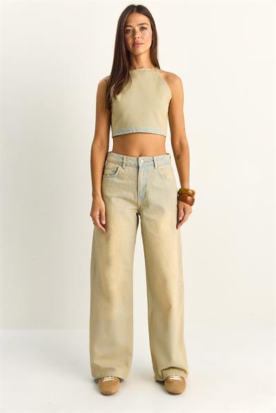 Kadın Boyundan Bağlamalı Crop Top Wide Leg Pantolon Denim Alt-Üst Takım 26089 60286151 - Buğday