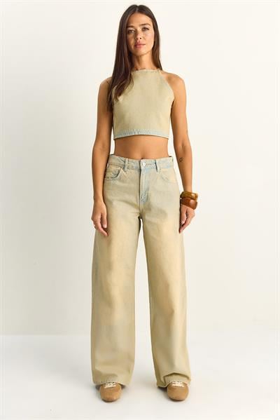 Kadın Boyundan Bağlamalı Crop Top Wide Leg Pantolon Denim Alt-Üst Takım 26089 60286151 - Buğday